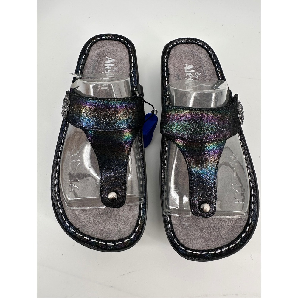 Alegria  Iridescent Rhinestone Thong Sandals Size 38 Carina Blue Rainbow Leather